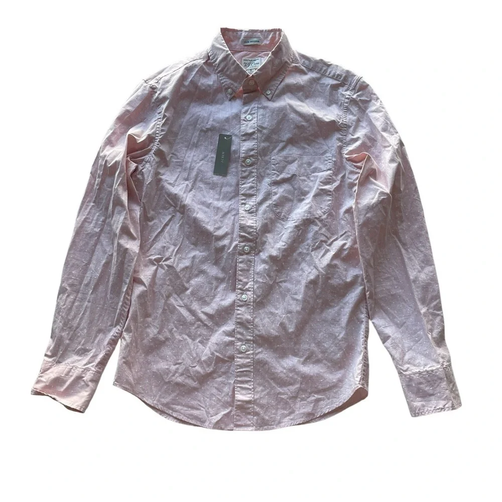 J. Crew Secret Wash Slim Untucked Shirt Pink Small Short Polka Dot NWT Barbie